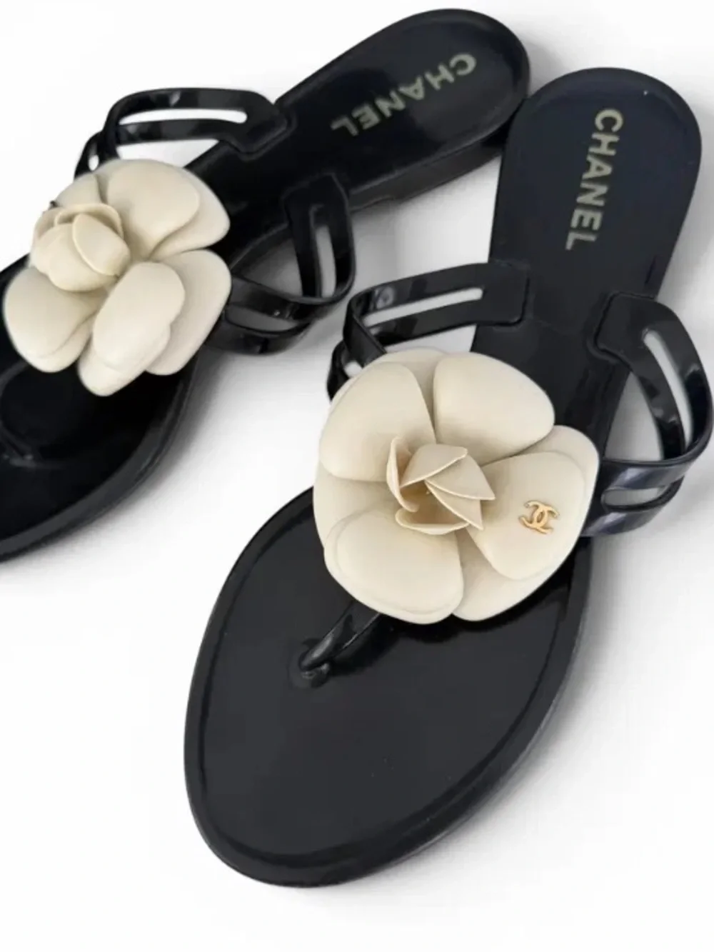 CHANEL Black Sandals with Cream Camellia Floral Accent